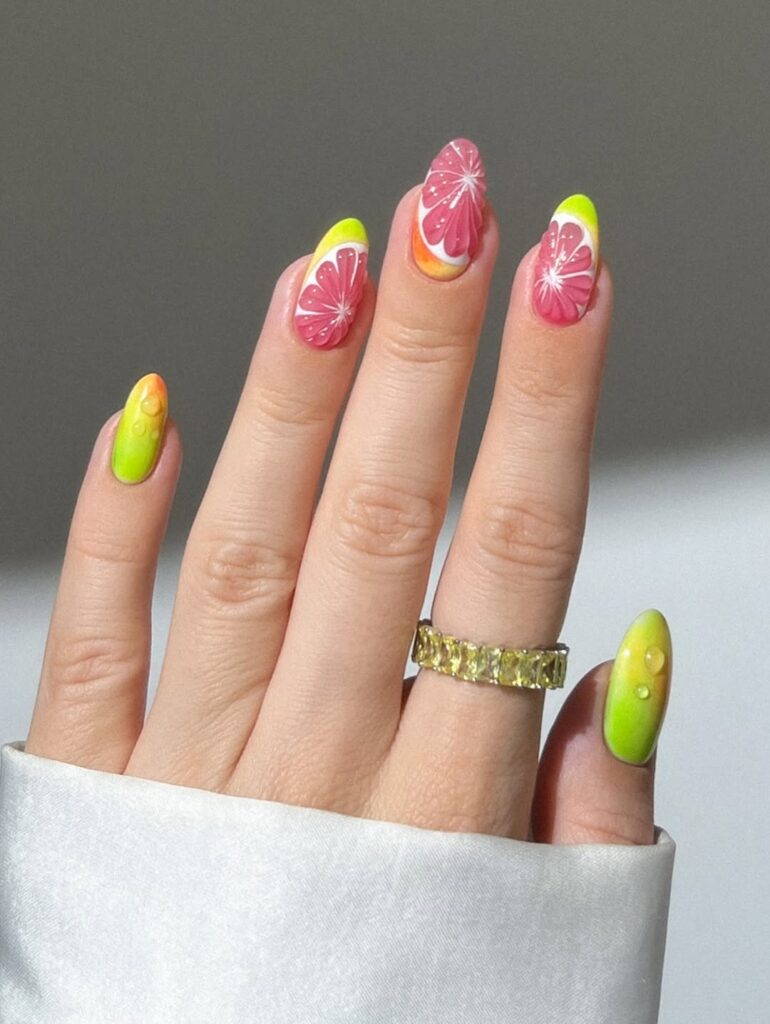 Celebrity Summer Nail Trends 2026 — Glazed Jelly, Seaglass and Every Look to Try Cute 3D Citrus Fruit Nail Designs