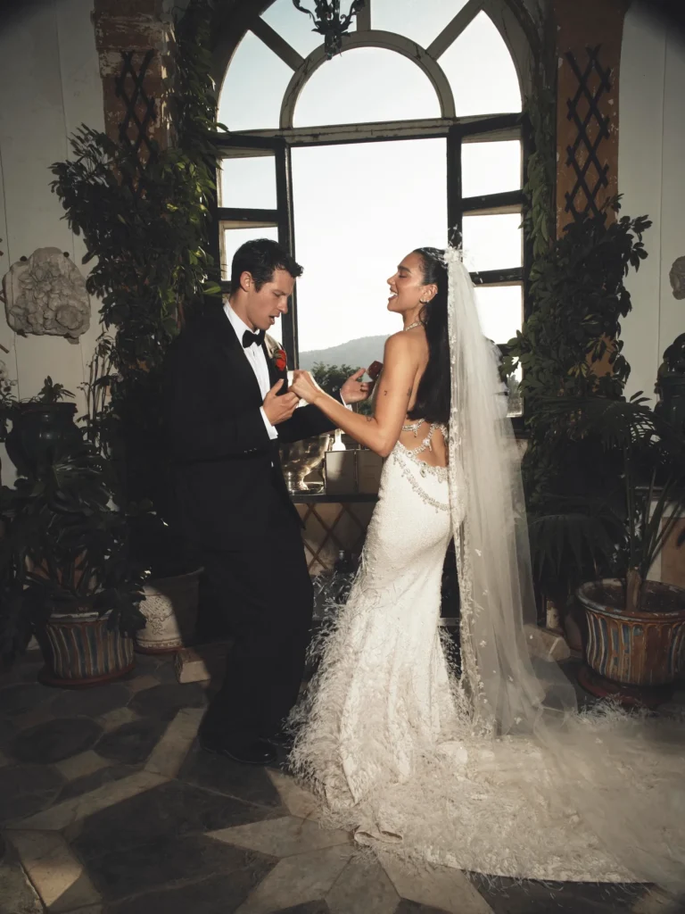 Dua Lipa Chanel Sicily Wedding Gown 2026 — 480,000 Beads, 25,000 Feathers, and Every Detail Dua Lipa Chanel gown David Sims Sicily photos