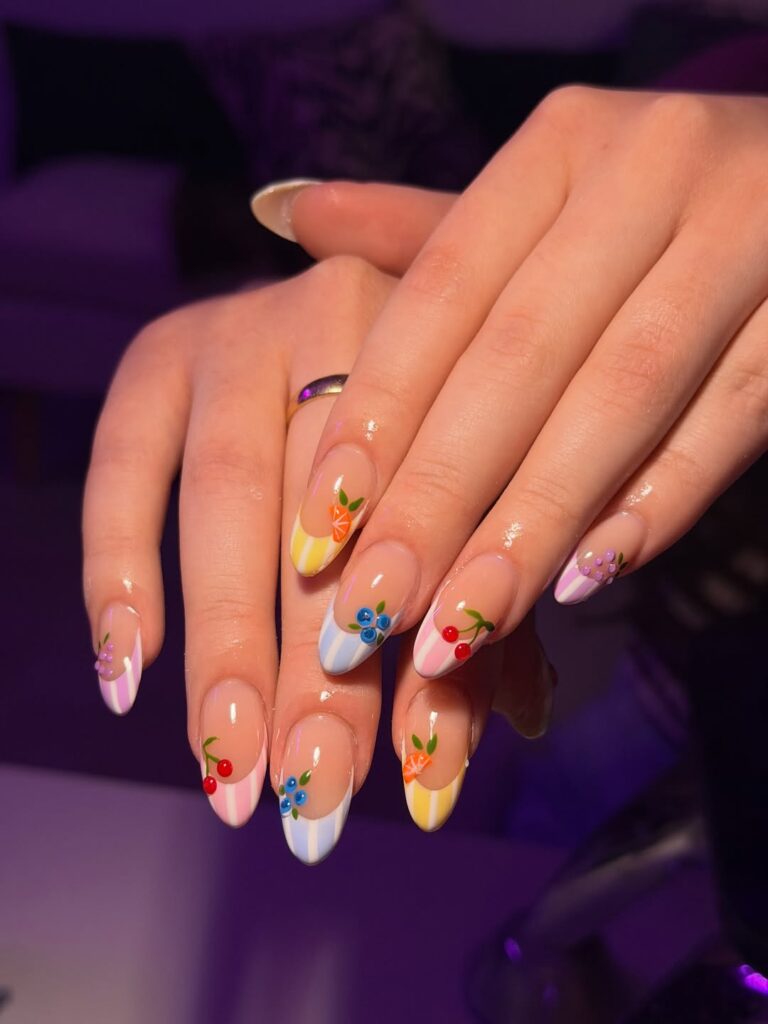 Celebrity Summer Nail Trends 2026 — Glazed Jelly, Seaglass and Every Look to Try Mismatched Fruity French Tip Nail Designs