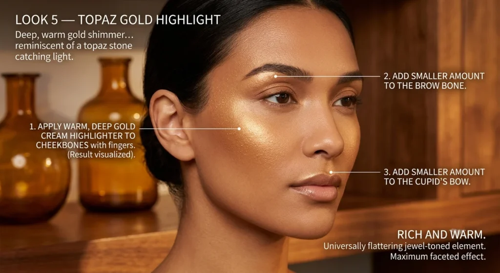 Jewel-Toned Makeup Summer 2026 — The Complete Celebrity Beauty Guide Look 5 — Topaz Gold Highlight