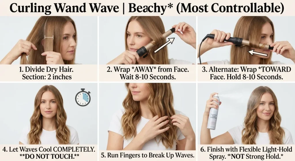 Beachy Waves Hair Summer 2026 — The Complete Celebrity Hair Guide Method 2 — The Curling Wand Wave (Most Controllable)