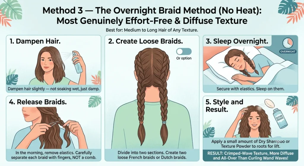 Beachy Waves Hair Summer 2026 — The Complete Celebrity Hair Guide Method 3 — The Overnight Braid Method (No Heat)