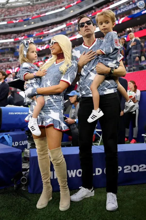 FIFA World Cup 2026 Celebrity Fashion — Brad Pitt, Paris Hilton and Every Star's Game Day Style Paris Hilton Adidas jersey mini dress World Cup