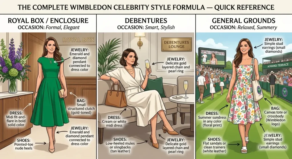 How to Dress for Wimbledon 2026 Like a Celebrity — The Complete Style Guide The Complete Wimbledon Celebrity Style Formula — Quick Reference