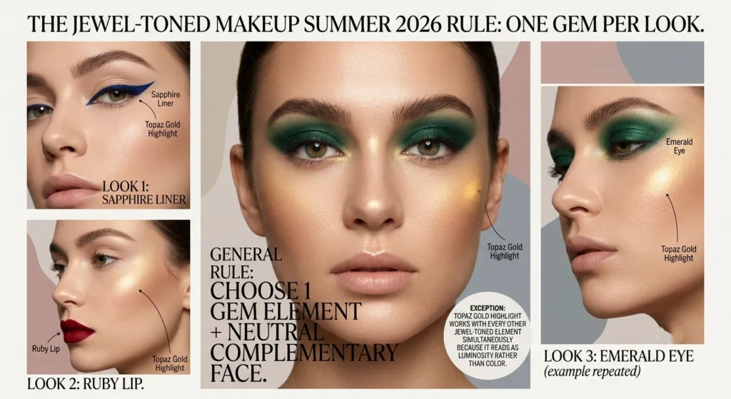 Jewel-Toned Makeup Summer 2026 — The Complete Celebrity Beauty Guide The Jewel-Toned Makeup Summer 2026 Rule — One Gem Per Look