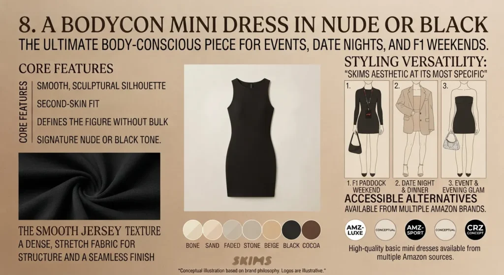 How to Build a Capsule Wardrobe Like Kim Kardashian SKIMS Aesthetic 2026 - Style Guide A Bodycon Mini Dress in Nude or Black
