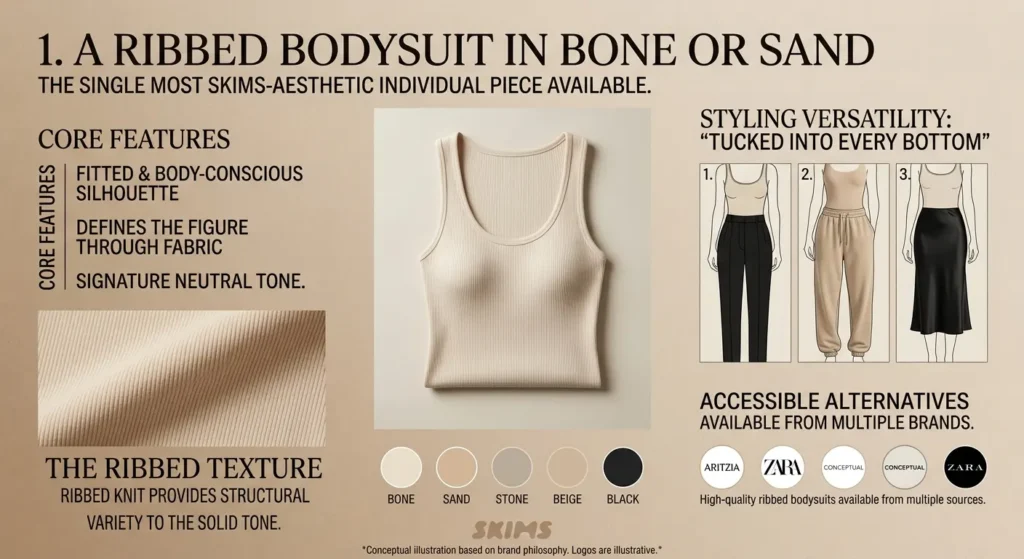 How to Build a Capsule Wardrobe Like Kim Kardashian SKIMS Aesthetic 2026 - Style Guide A Ribbed Bodysuit in Bone or Sand