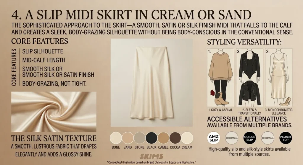 How to Build a Capsule Wardrobe Like Kim Kardashian SKIMS Aesthetic 2026 - Style Guide A Slip Midi Skirt in Cream or Sand