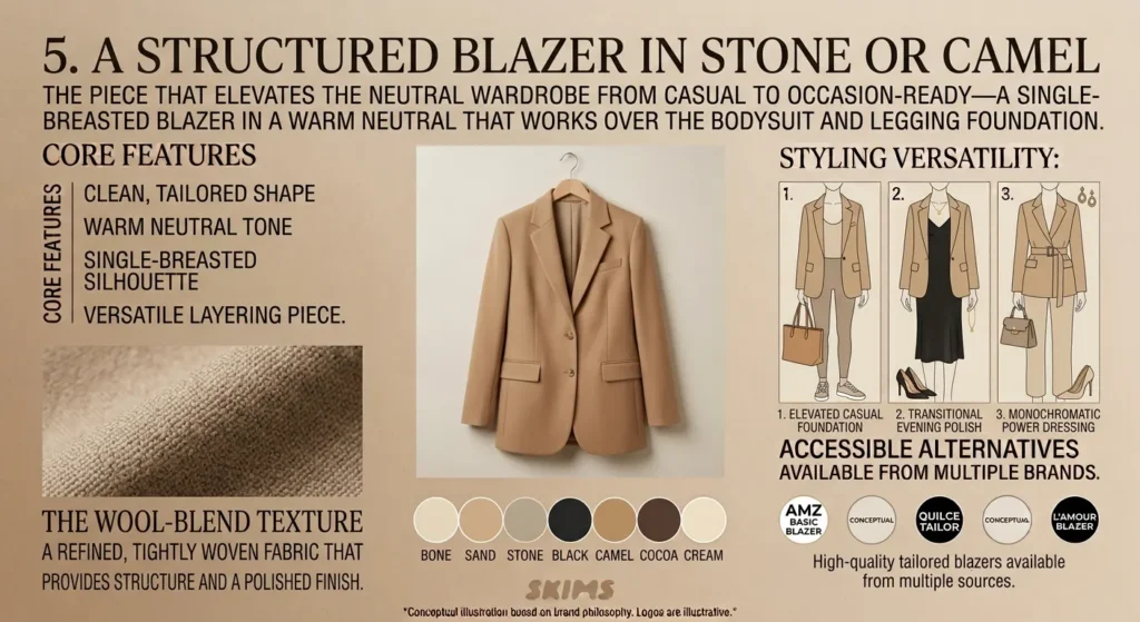 How to Build a Capsule Wardrobe Like Kim Kardashian SKIMS Aesthetic 2026 - Style Guide A Structured Blazer in Stone or Camel
