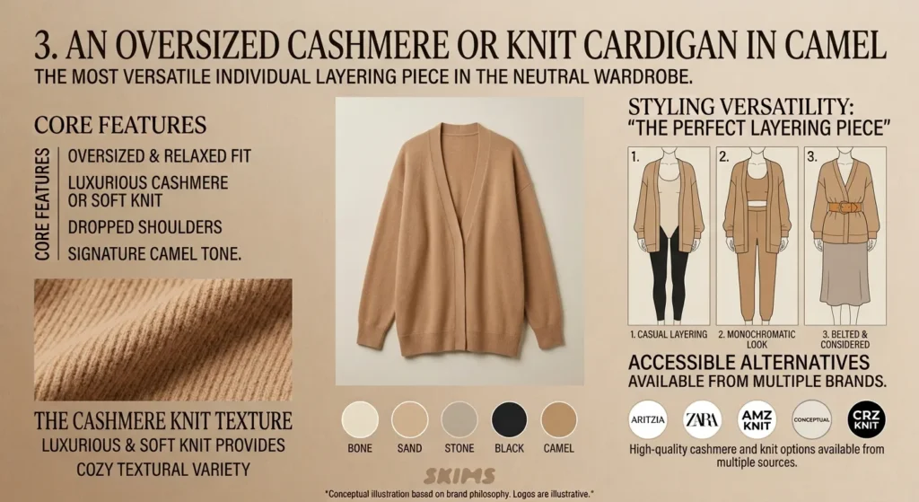 How to Build a Capsule Wardrobe Like Kim Kardashian SKIMS Aesthetic 2026 - Style Guide An Oversized Cashmere or Knit Cardigan in Camel