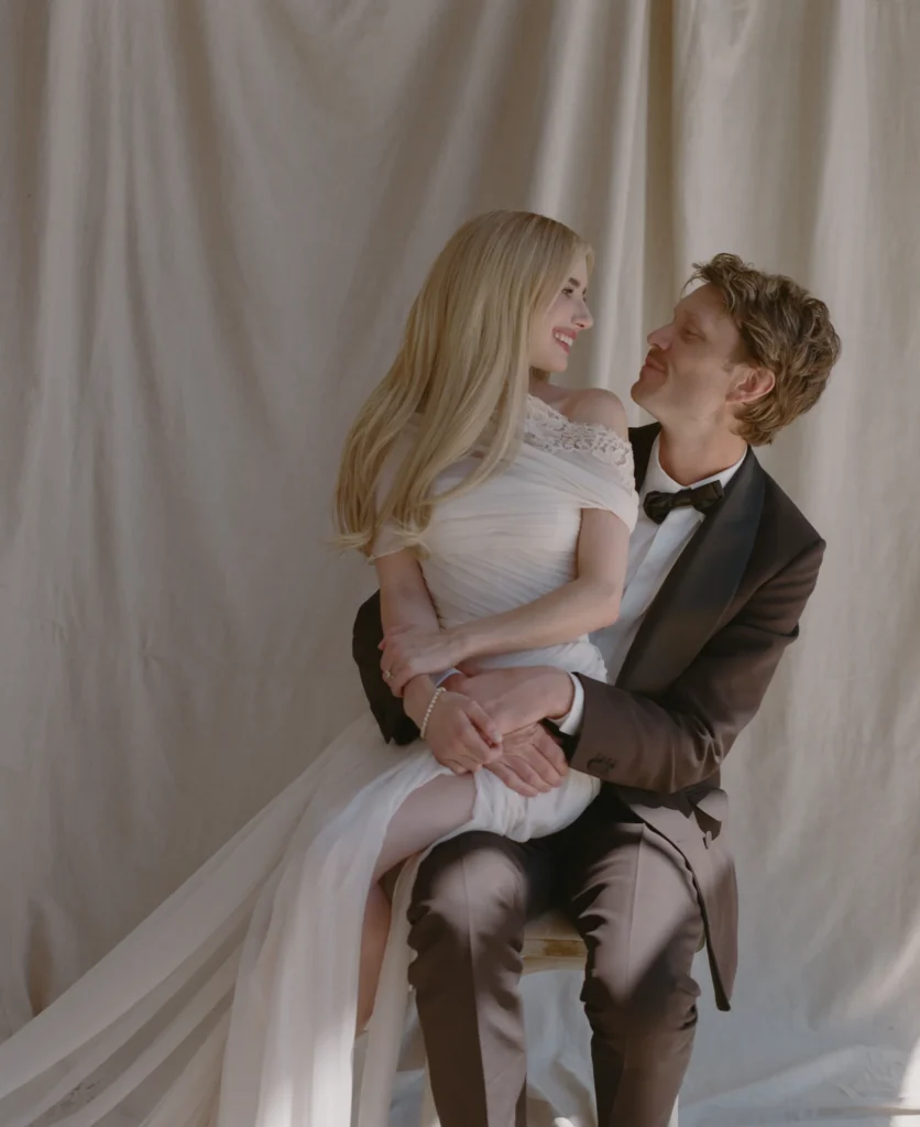 Emma Roberts Wedding Dress 2026 — Monique Lhuillier Antique Rose Gown and Black After-Party Look Emma Roberts Cody John wedding Sun Valley 1