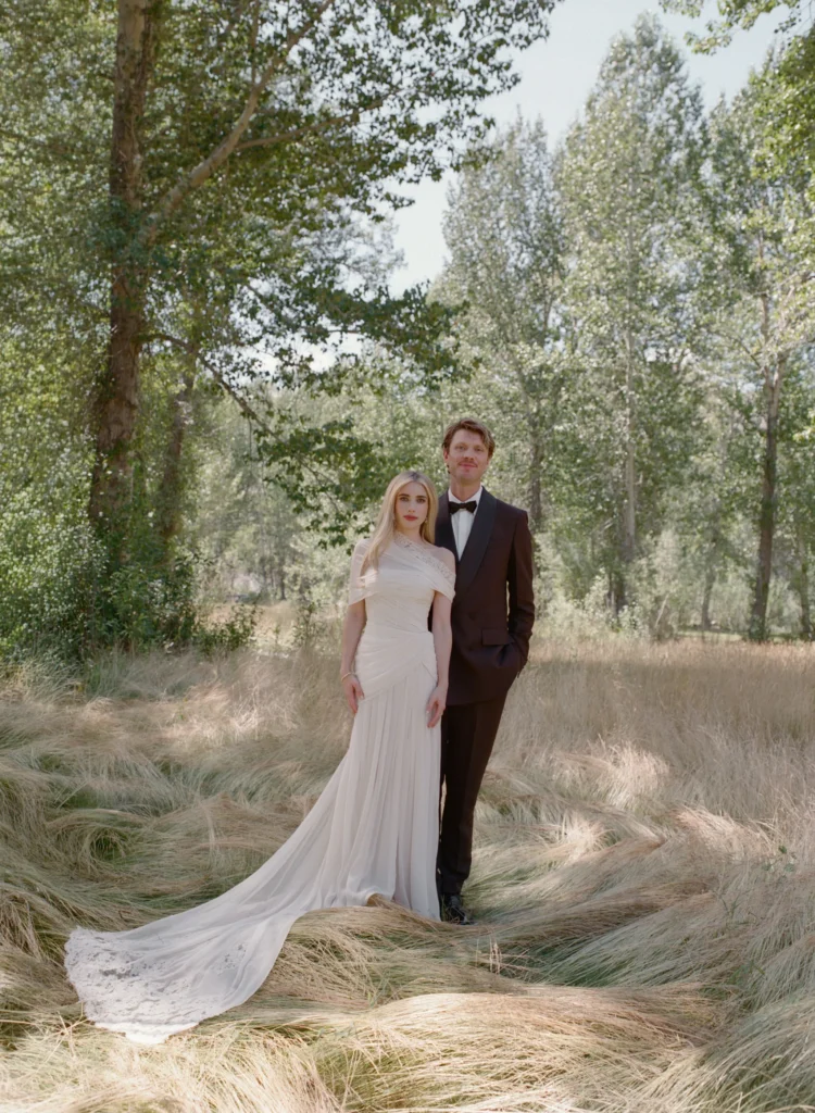 Emma Roberts Wedding Dress 2026 — Monique Lhuillier Antique Rose Gown and Black After-Party Look Emma Roberts Cody John wedding Sun Valley