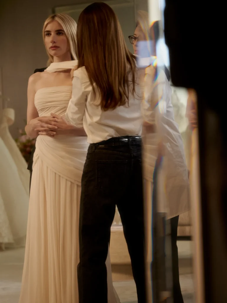 Emma Roberts Wedding Dress 2026 — Monique Lhuillier Antique Rose Gown and Black After-Party Look Emma Roberts Wedding Dress 2026