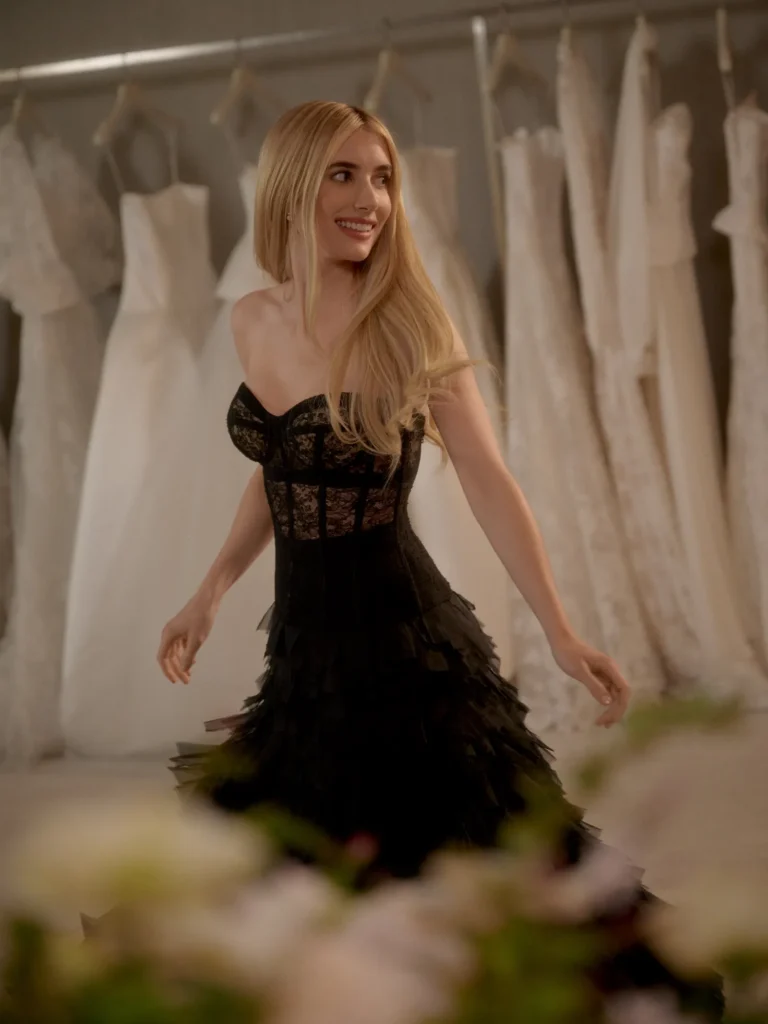 Emma Roberts Wedding Dress 2026 — Monique Lhuillier Antique Rose Gown and Black After-Party Look Emma Roberts black after-party dress 2026