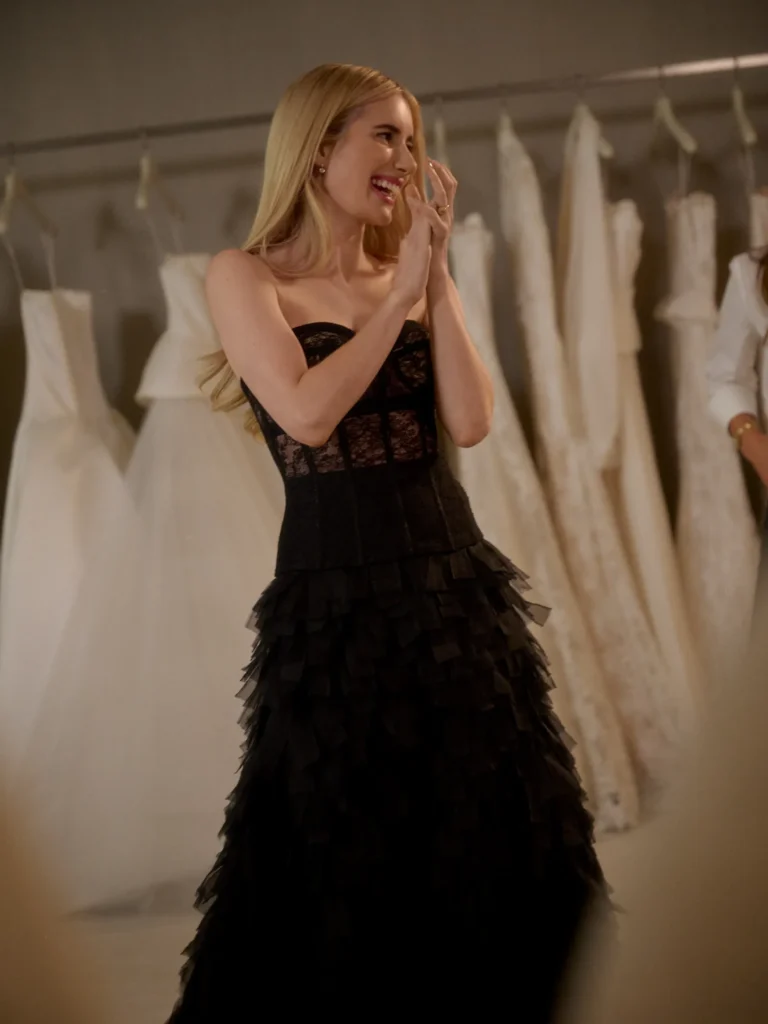 Emma Roberts Wedding Dress 2026 — Monique Lhuillier Antique Rose Gown and Black After-Party Look Emma Roberts black dress wedding 2026