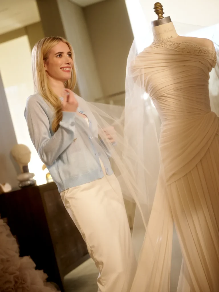 Emma Roberts Wedding Dress 2026 — Monique Lhuillier Antique Rose Gown and Black After-Party Look Emma Roberts wedding dress 2026 Monique Lhuillier