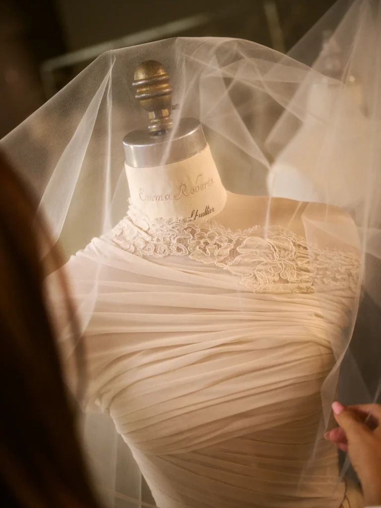 Emma Roberts Wedding Dress 2026 — Monique Lhuillier Antique Rose Gown and Black After-Party Look Emma Roberts wedding dress antique rose 2026 look