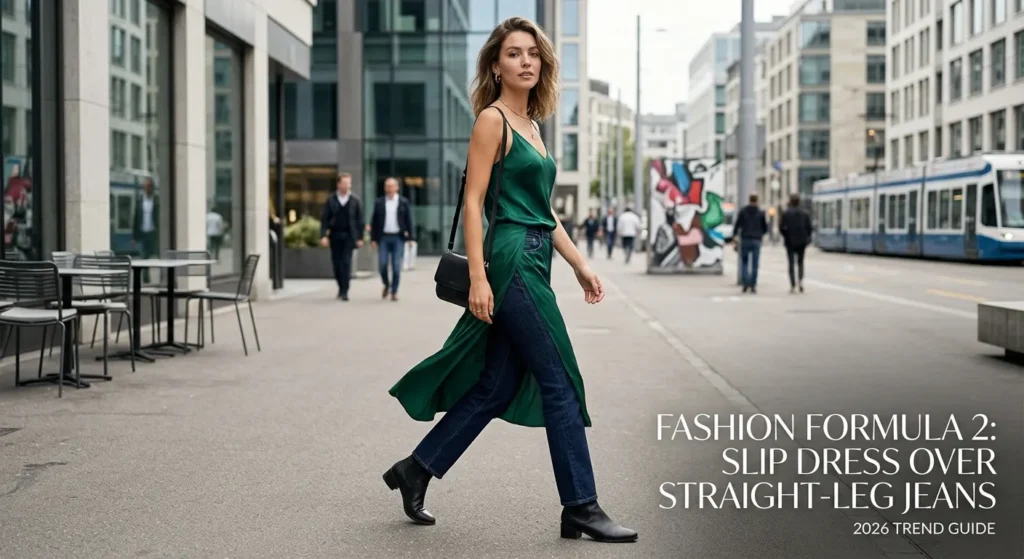 Skirts and Dresses Over Pants 2026 — The Celebrity Stylist Complete Trend Guide Formula 2 — The Slip Dress Over Straight-Leg Jeans