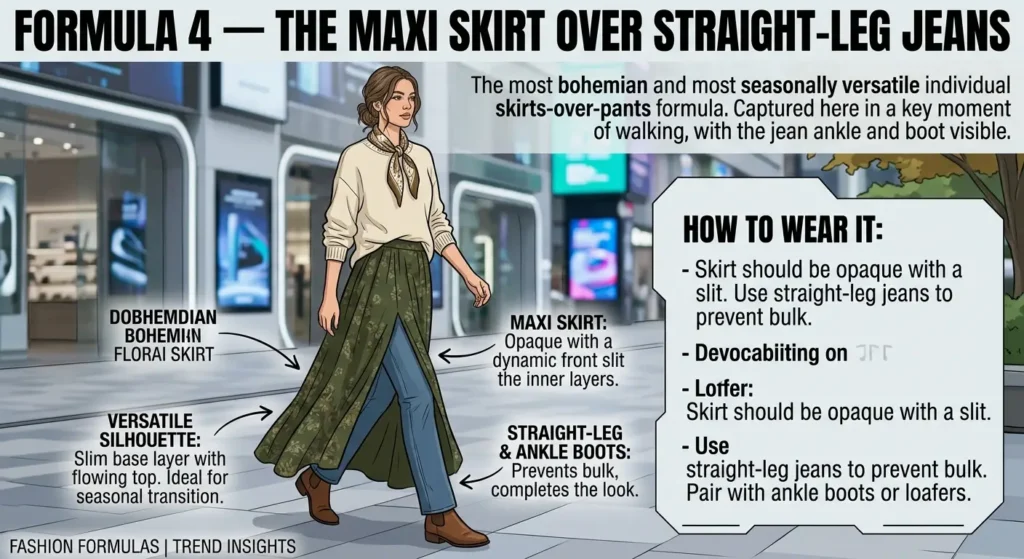 Skirts and Dresses Over Pants 2026 — The Celebrity Stylist Complete Trend Guide Formula 4 — The Maxi Skirt Over Straight-Leg Jeans