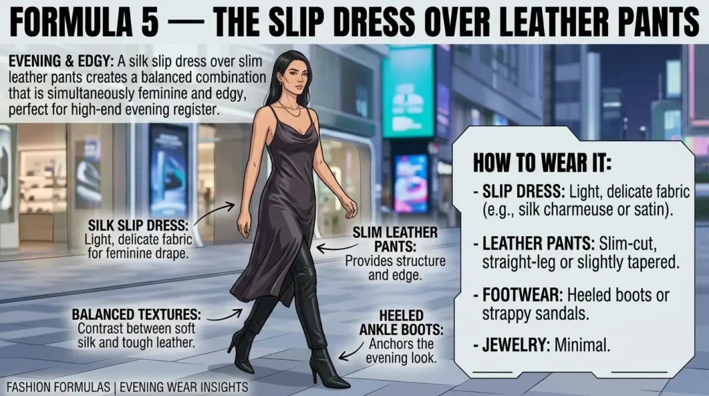 Skirts and Dresses Over Pants 2026 — The Celebrity Stylist Complete Trend Guide Formula 5 — The Slip Dress Over Leather Pants