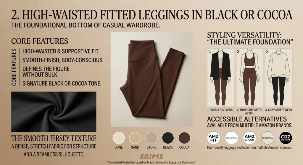 How to Build a Capsule Wardrobe Like Kim Kardashian SKIMS Aesthetic 2026 - Style Guide High-Waisted Fitted Leggings in Black or Cocoa