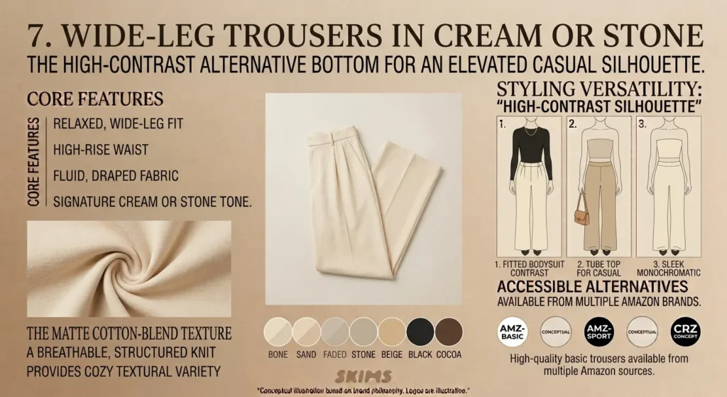 How to Build a Capsule Wardrobe Like Kim Kardashian SKIMS Aesthetic 2026 - Style Guide Wide-Leg Trousers in Cream or Stone