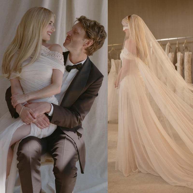 Emma Roberts Wedding Dress 2026 — Monique Lhuillier Antique Rose Gown and Black After-Party Look